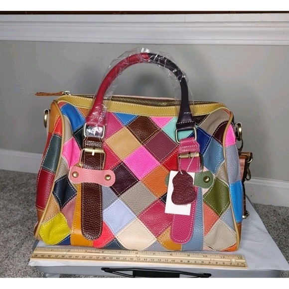 Vintage European Colorful Patchwork Leather Hand Shoulder Bag Purse Cottage New - Picture 8 of 8